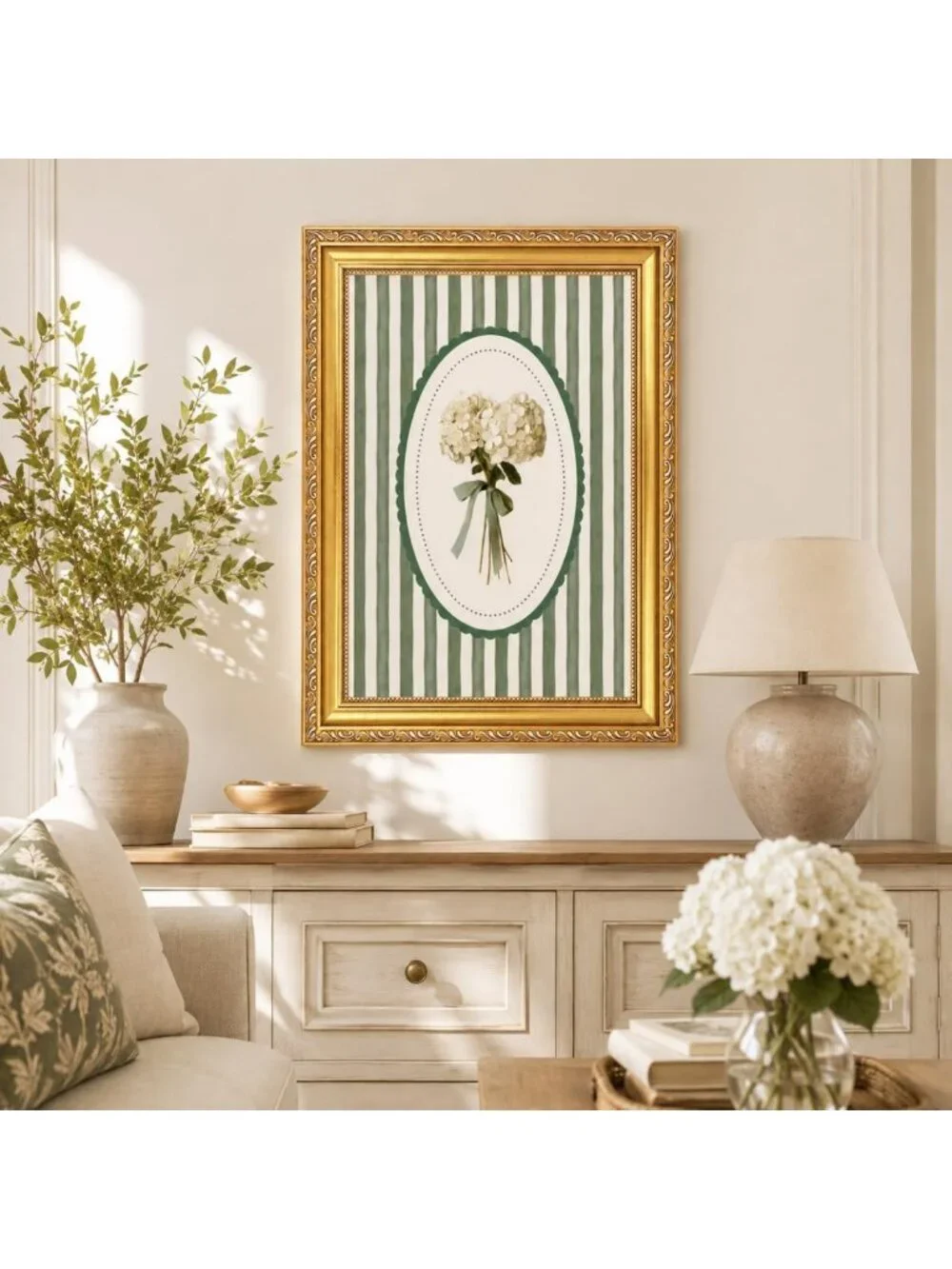 Vintage Botanical Wall Art Print, Green Floral Canvas with Gold Frame, Home